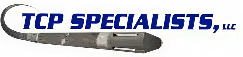TCP Specialists branding with machinery illustration